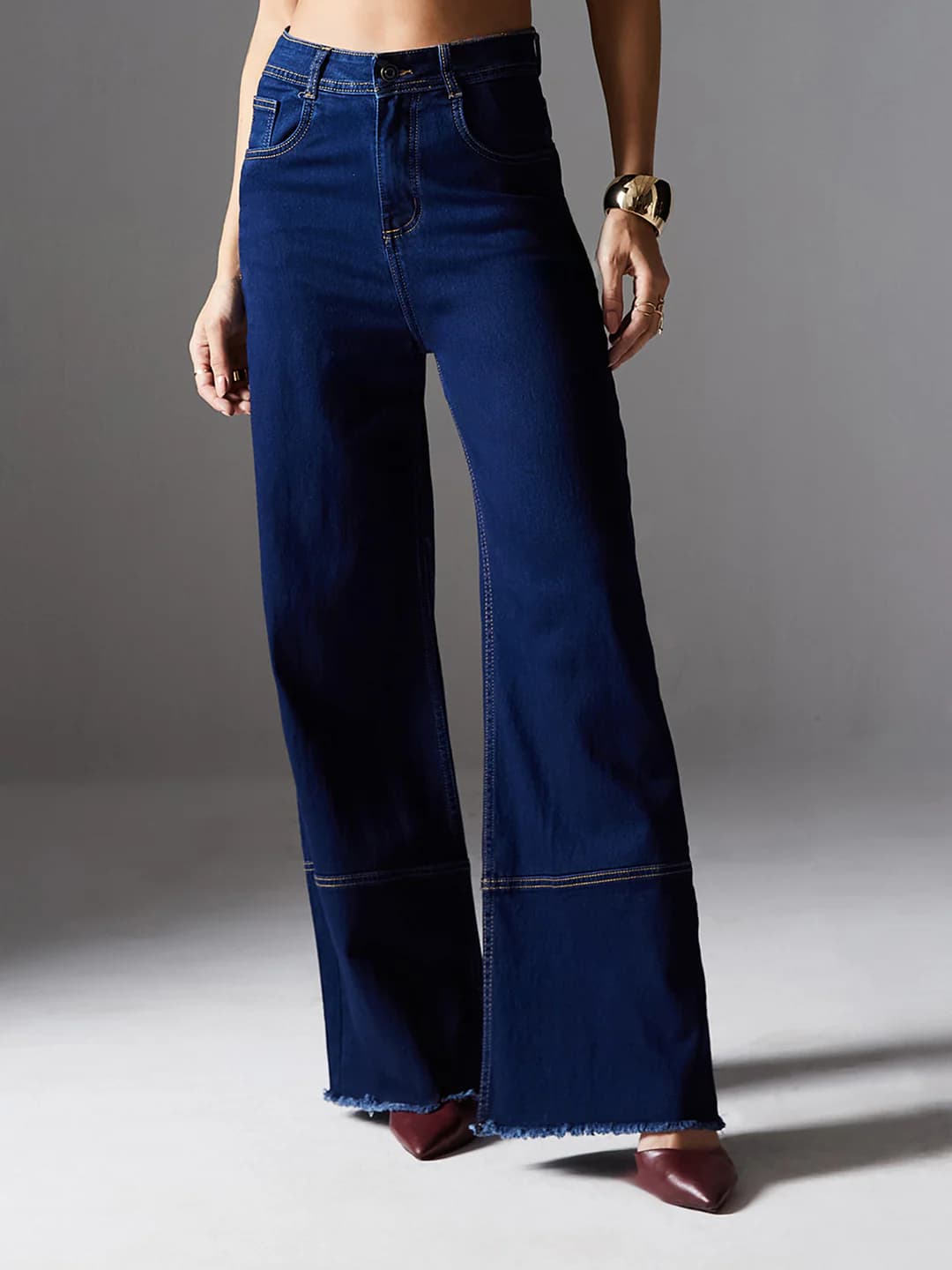 Women's Blue Casual Solid Wide Leg Jeans
