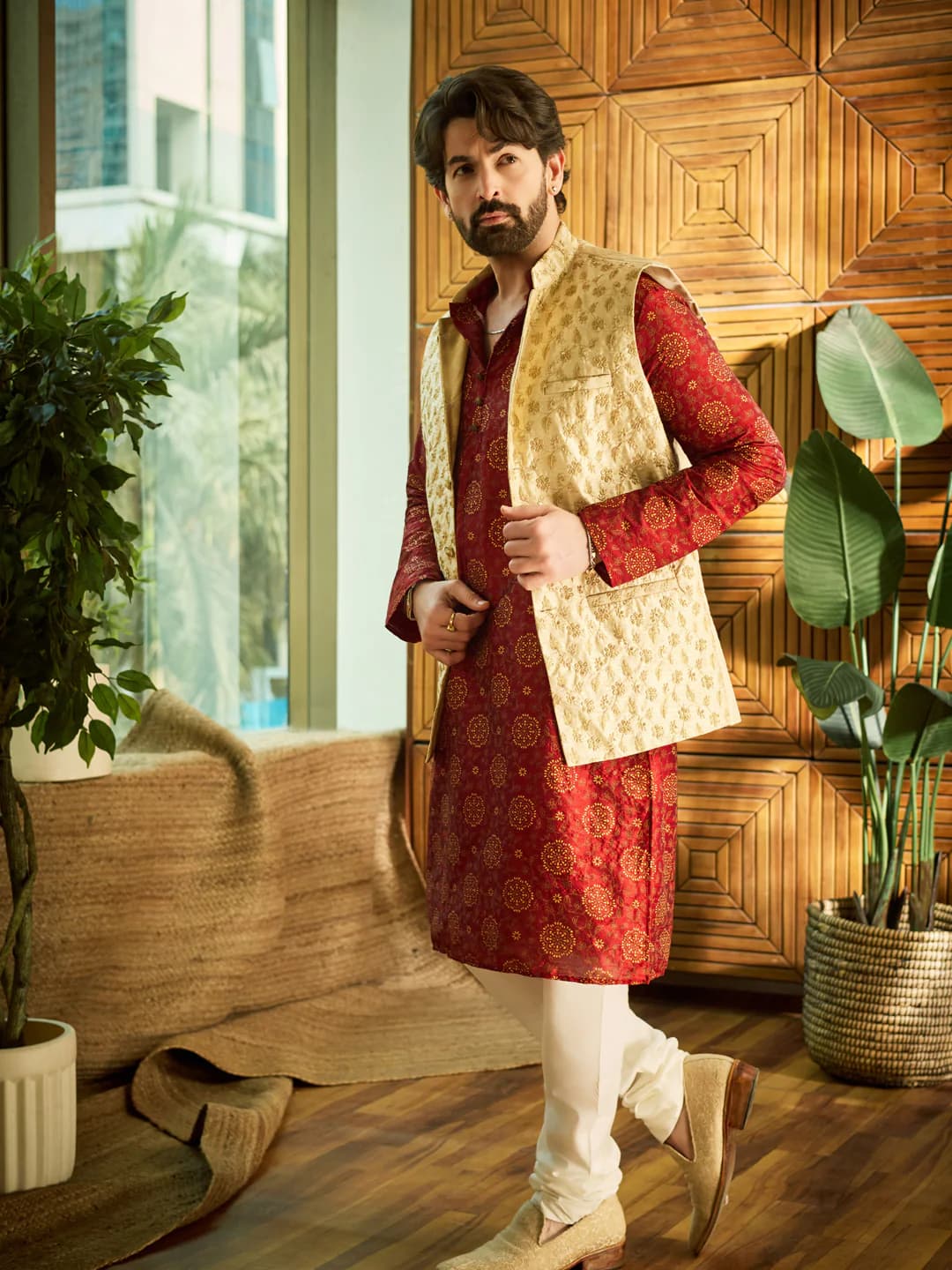 Men's Silk Blend Red Silk Kurta & Off White Pyjama with Beige Nehru Jacket