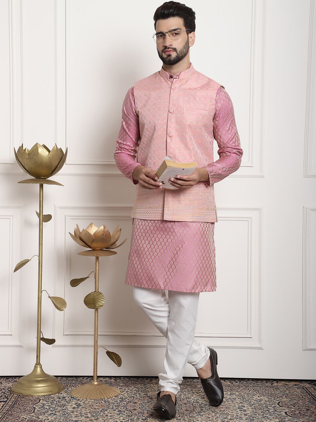 Men's Pink Woven Design Silk Blend Kurta With Pyjama & Pink Nehru Jacket