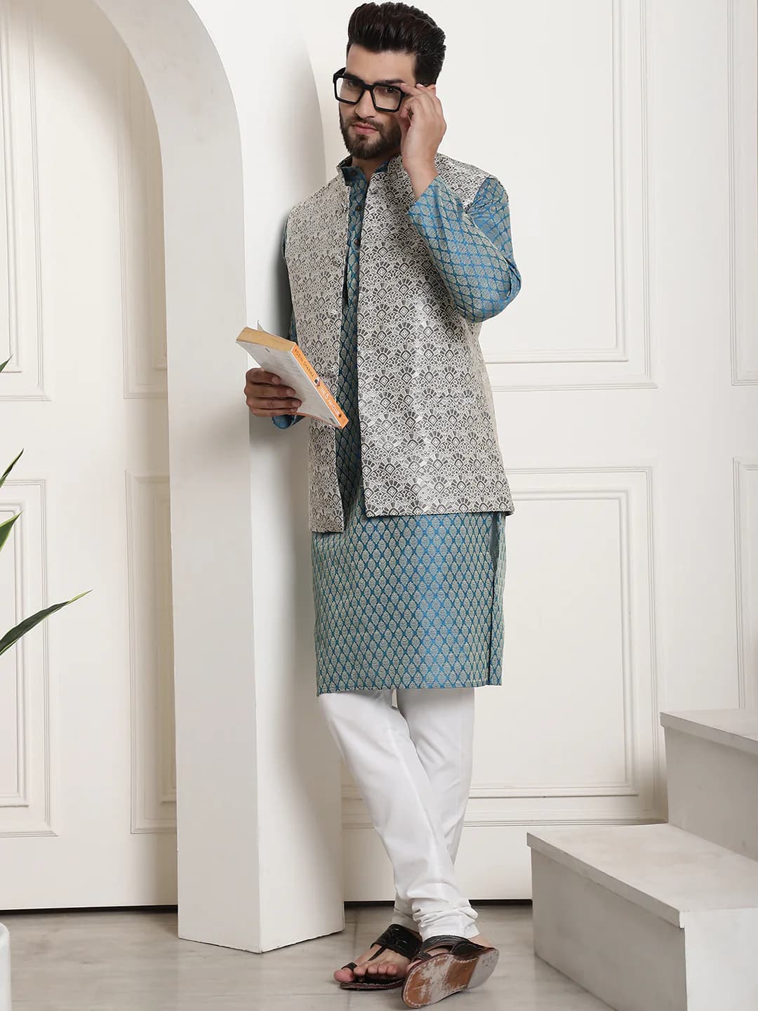 Men's Peacock Blue Woven Design Silk Blend Kurta With Pyjama & Grey Nehru Jacket