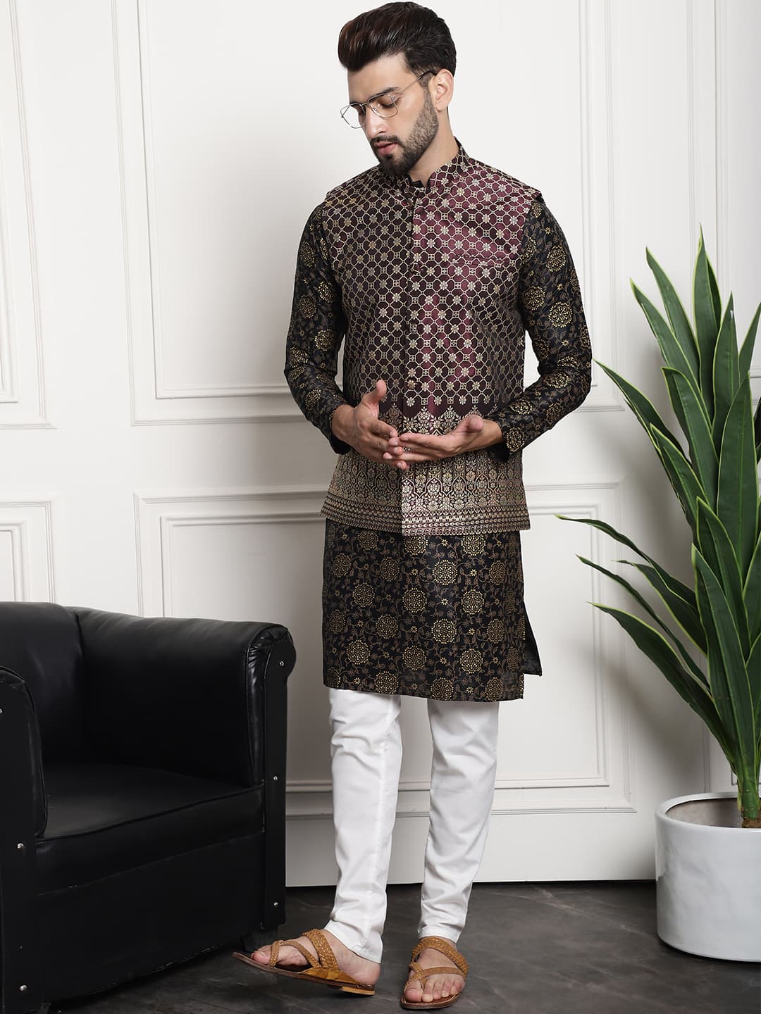 Men's Silk Blend Black Kurta & Off White Pyjama with Wine Nehru Jacket