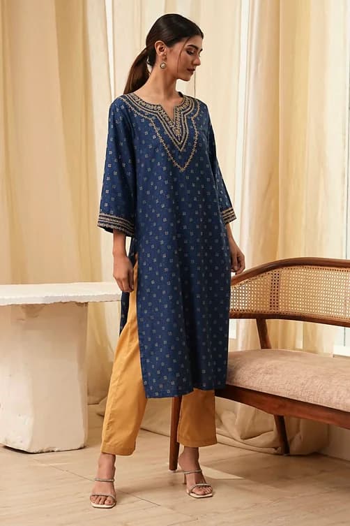 Women's Blue Printed Straight Kurta