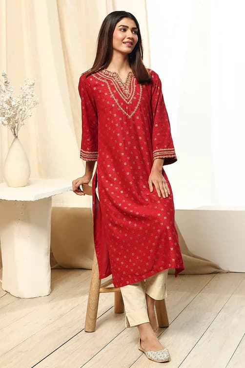 Women's Red Printed Straight Kurta