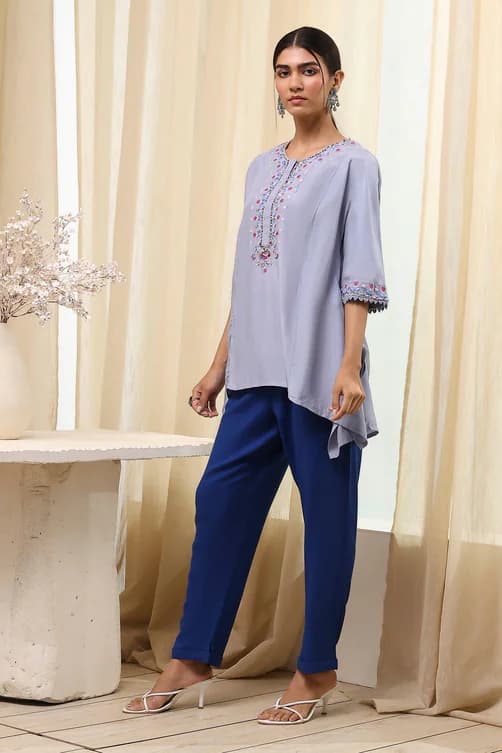 Women's Dull Blue Modal Blend Asymmetric Short Kurta