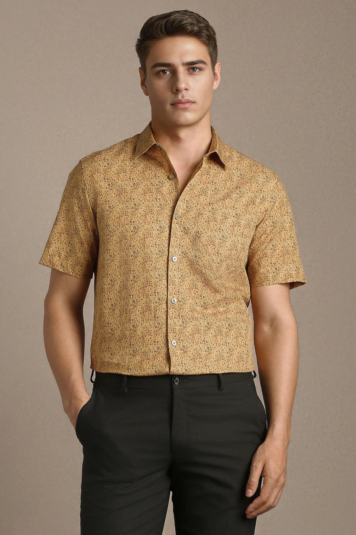 Men's Brown Formal Regular Fit Half Sleeves Cotton Shirt