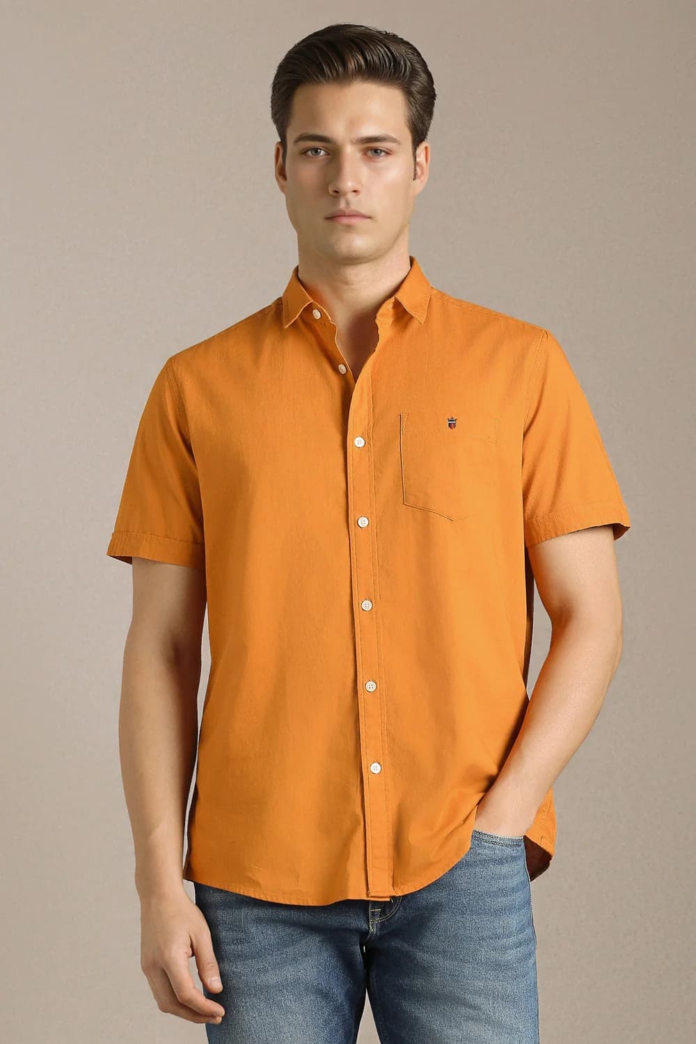 Men's Orange Casual Slim Fit Half Sleeves Cotton Shirt