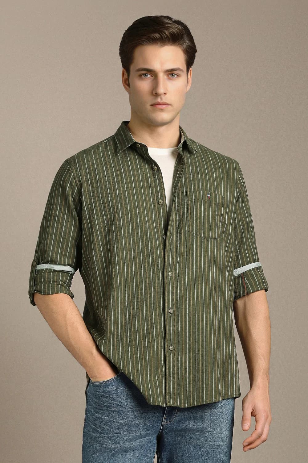 Men's Green Casual Slim Fit Full Sleeves Cotton Shirt