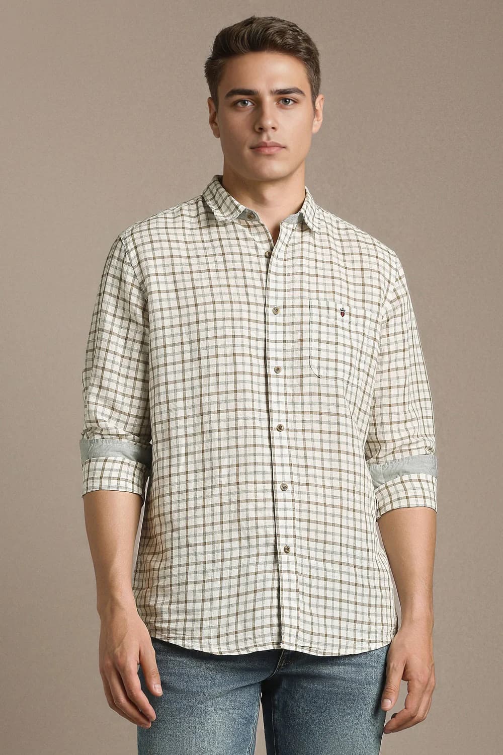 Men's Beige Casual Slim Fit Full Sleeves Linen Shirt