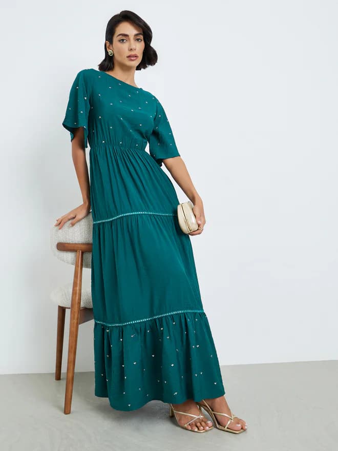 Women's Green Casual Half Sleeves Fit & Flared Maxi Dress