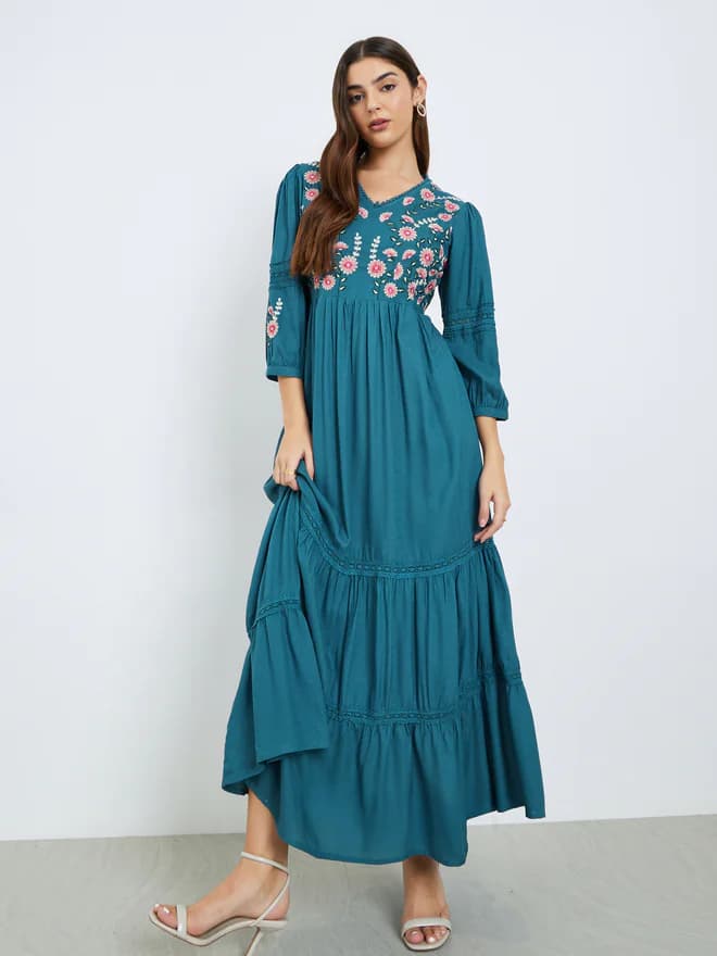 Women's Green Casual Full Sleeves Fit & Flared Maxi Dress