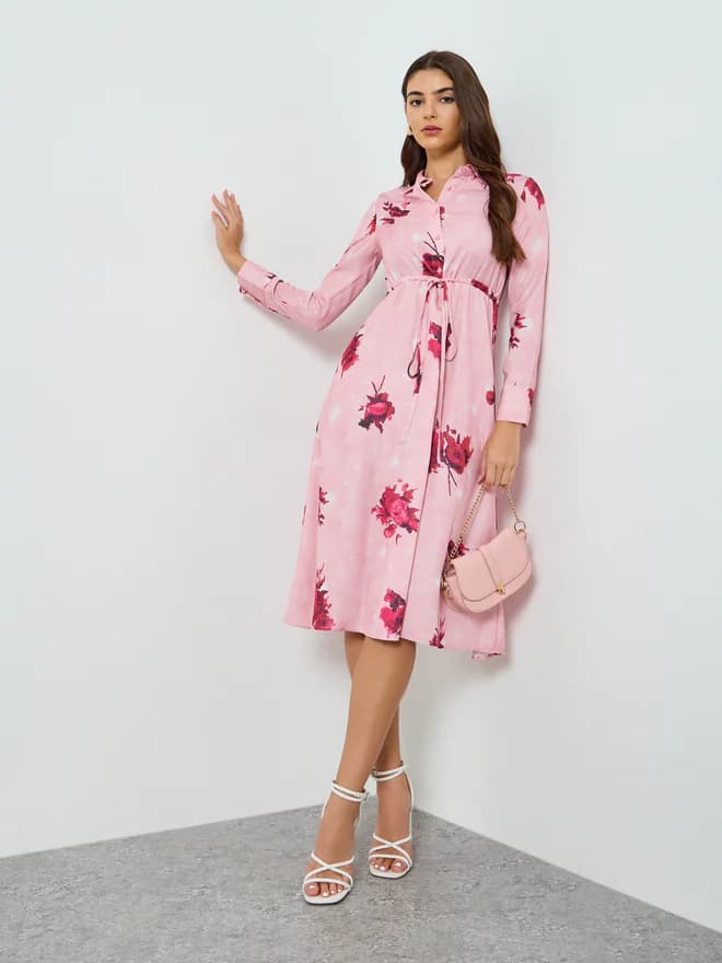 Women's Pink Casual Full Sleeves A-Line Midi Dress