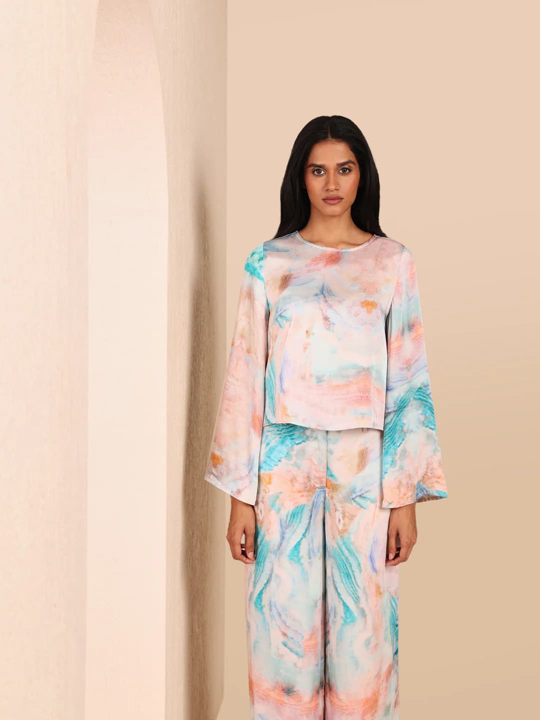 Women's Blue Casual Full Sleeves Regular Fit Abstract Tops