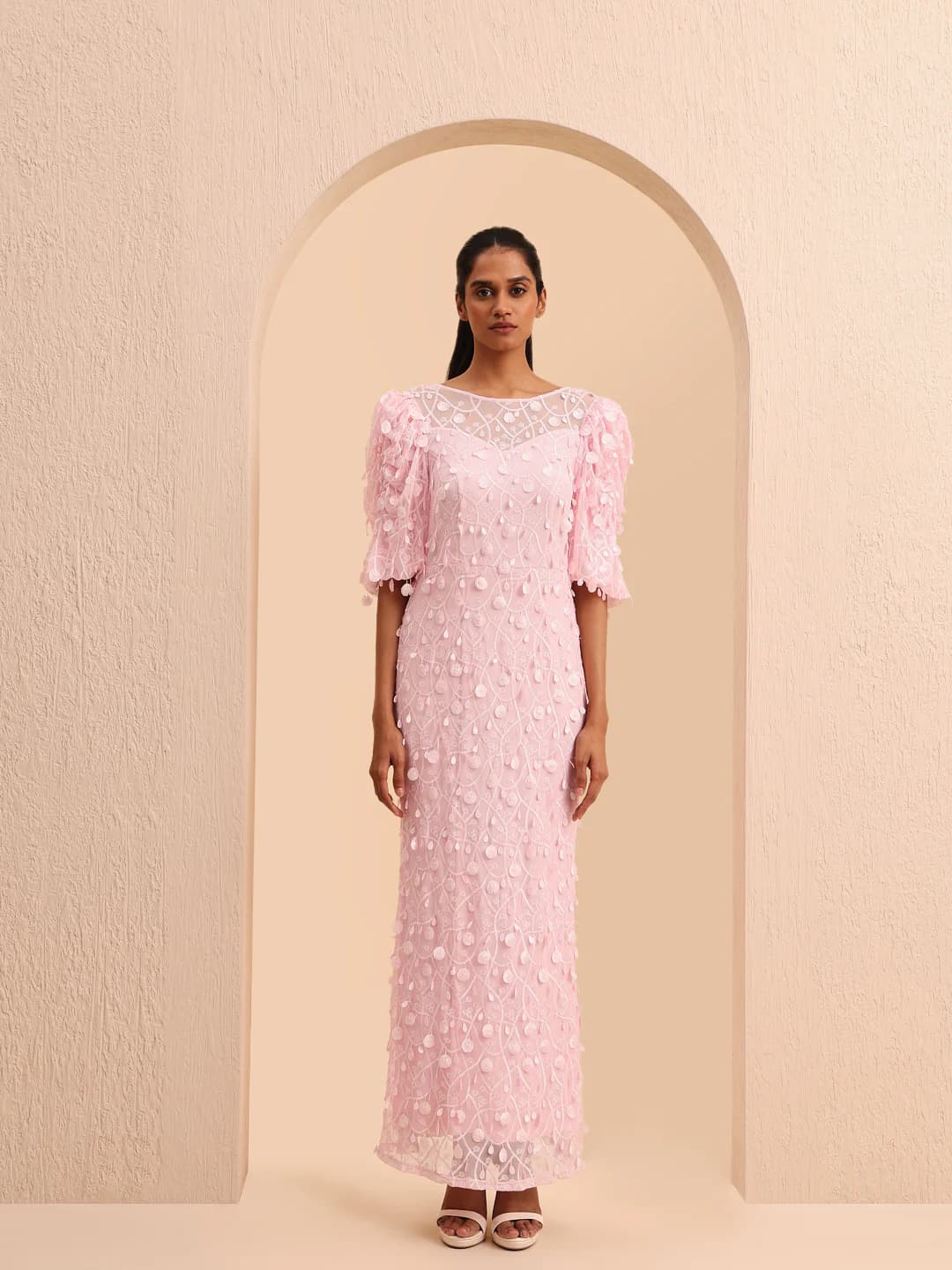 Women's Pink Party Three Quarter Sleeves Bodycon Self-Design Dress