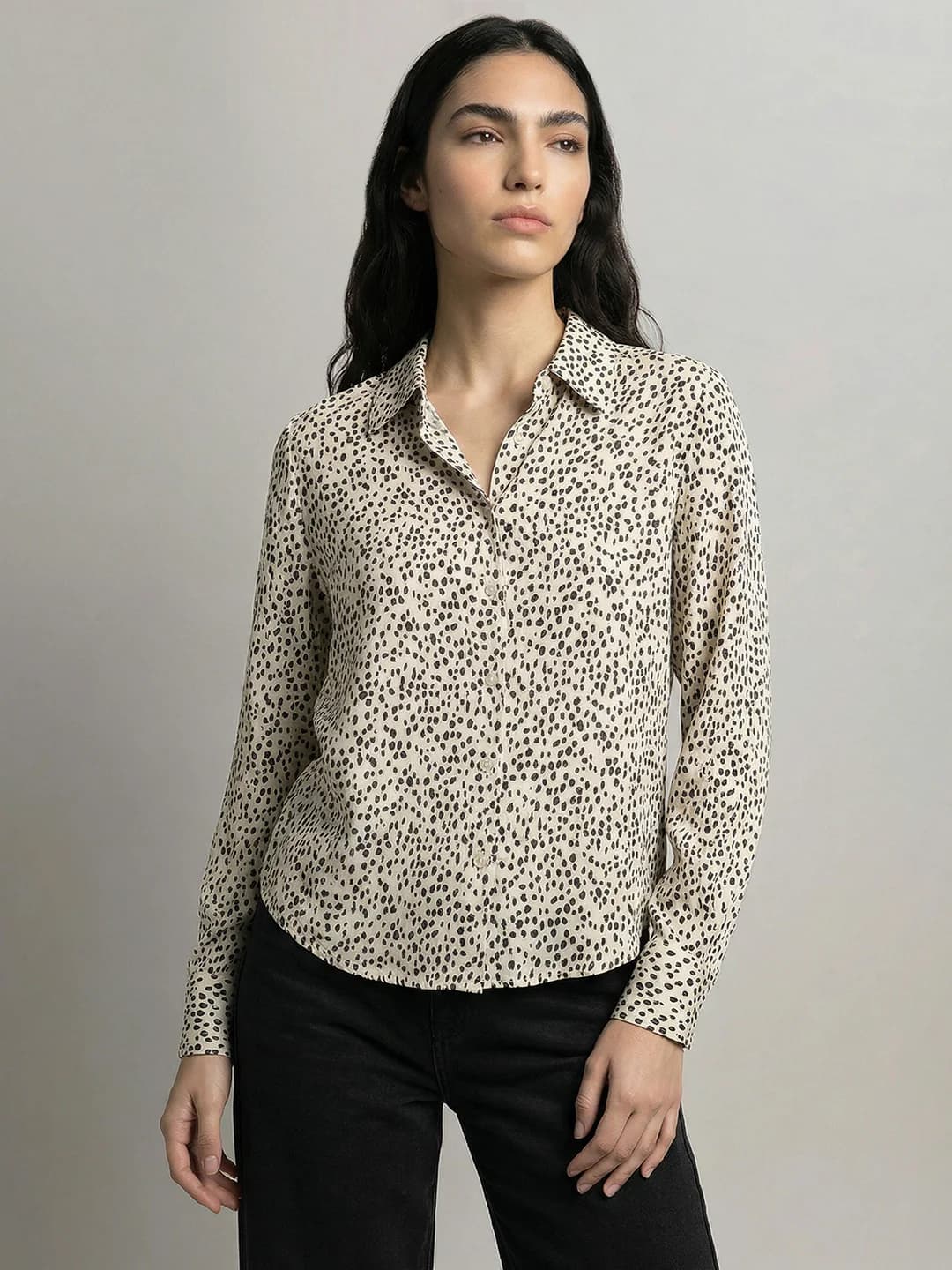 Women's Beige Casual Full Sleeves Regular Fit Polka Dot Shirt
