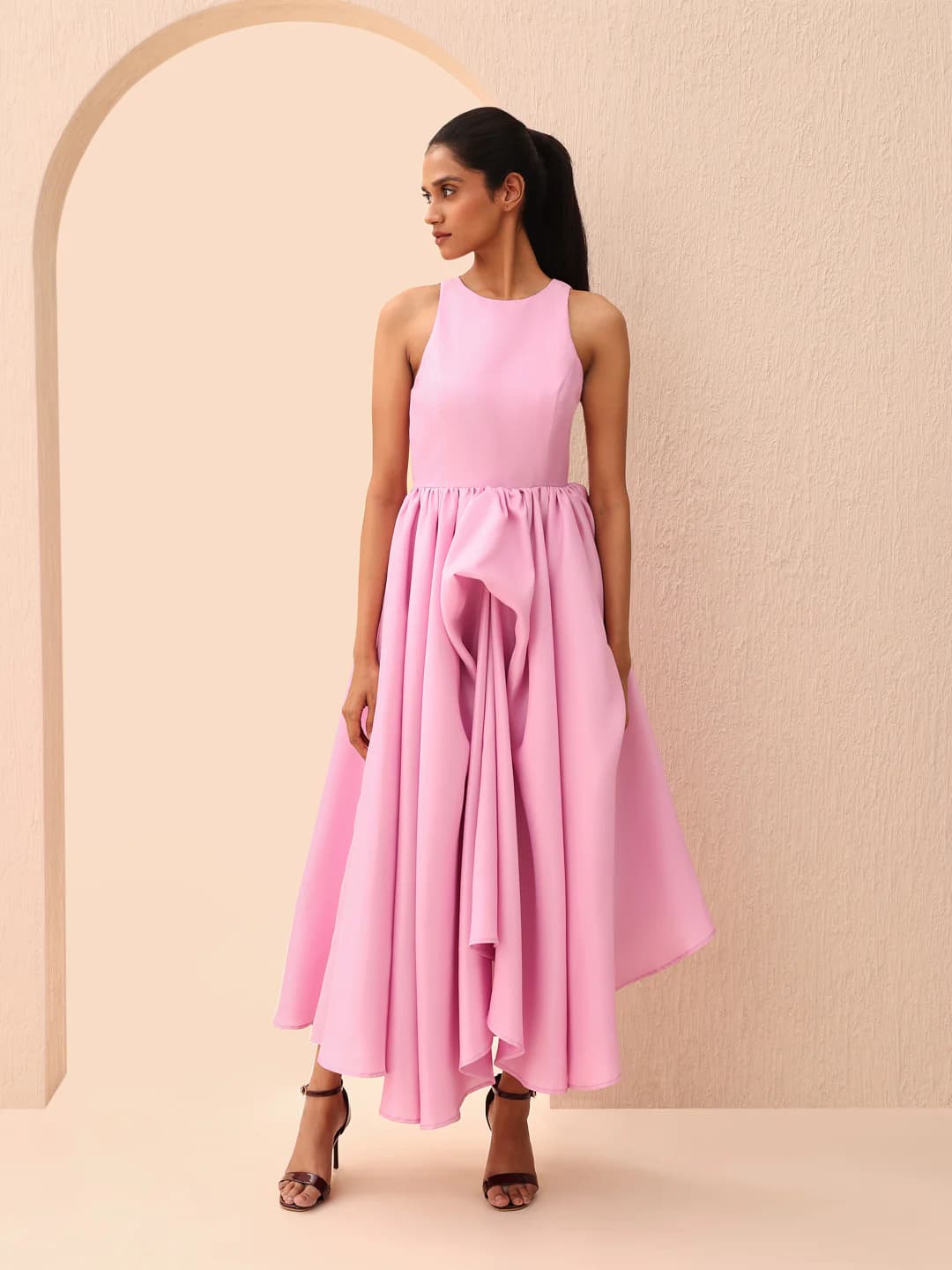 Women's Pink Party Sleeveless Fit & Flared Solid Dress