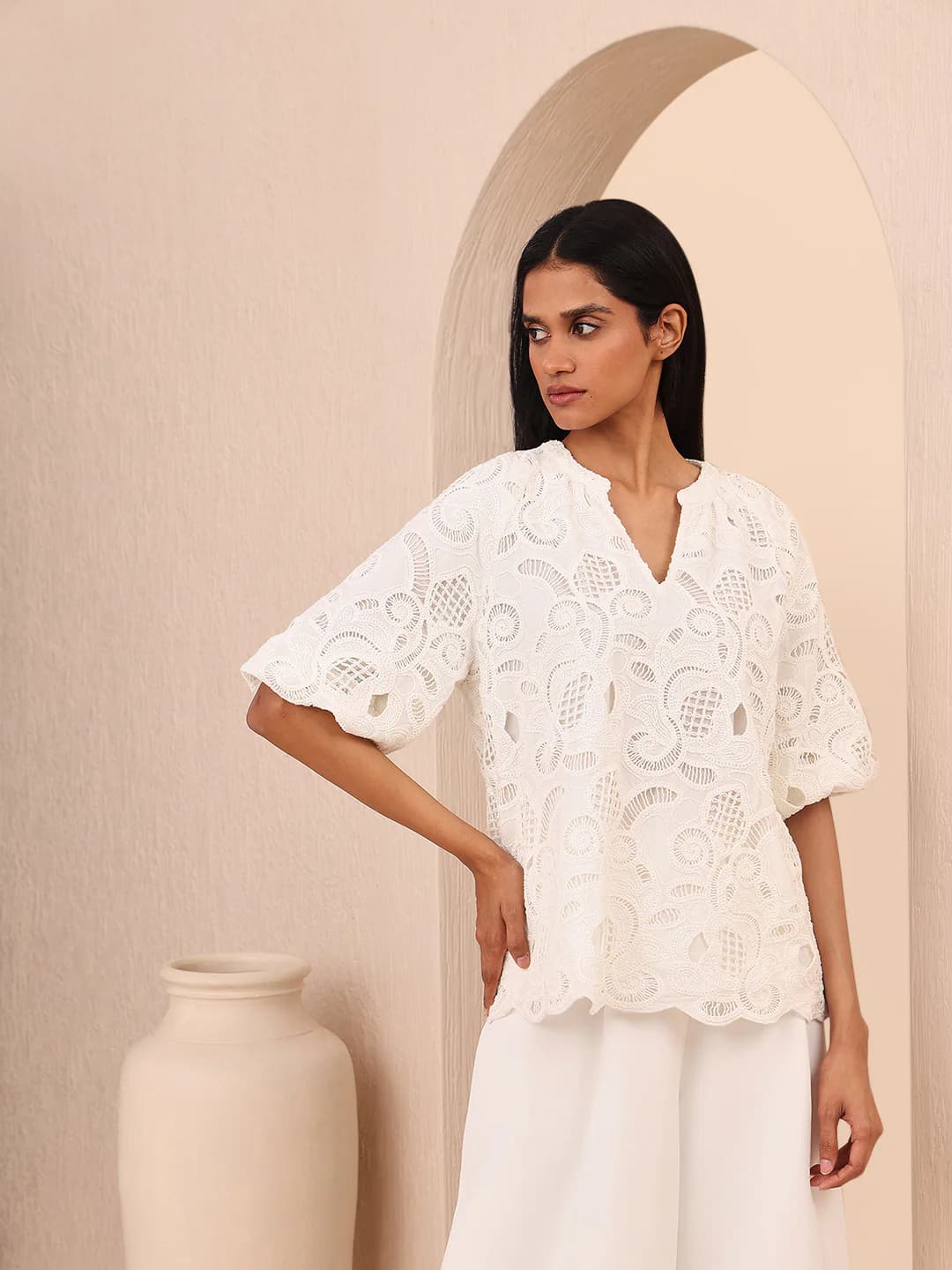 Women's White Casual Half Sleeves Regular Fit Self-Design Tops