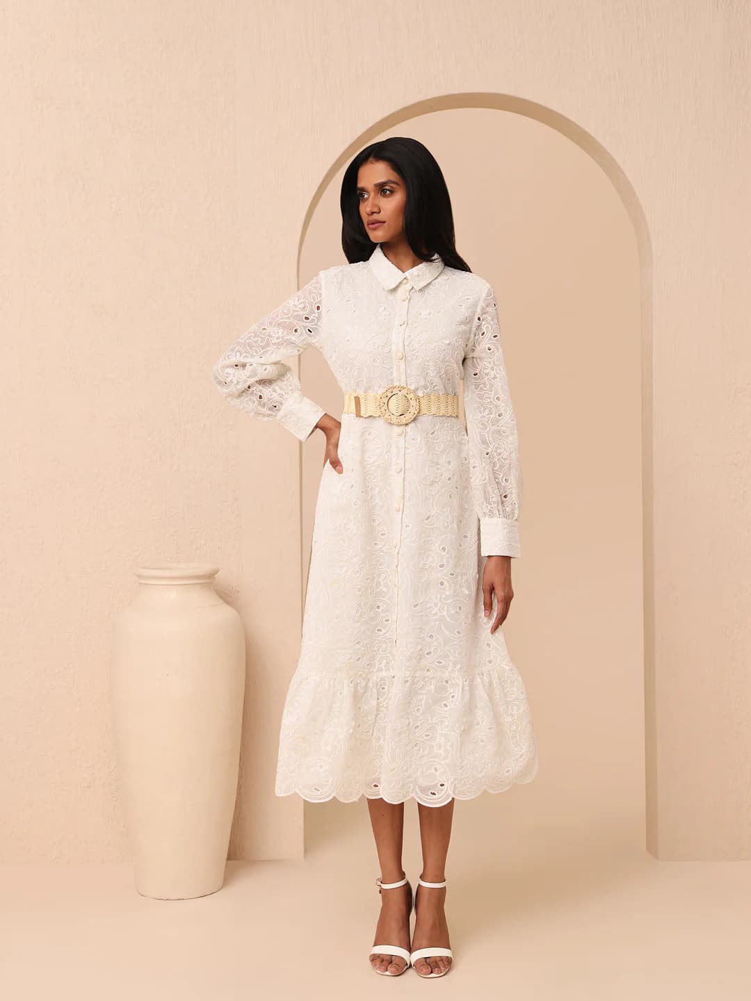 Women's White Casual Full Sleeves Fit & Flared Self-Design Dress