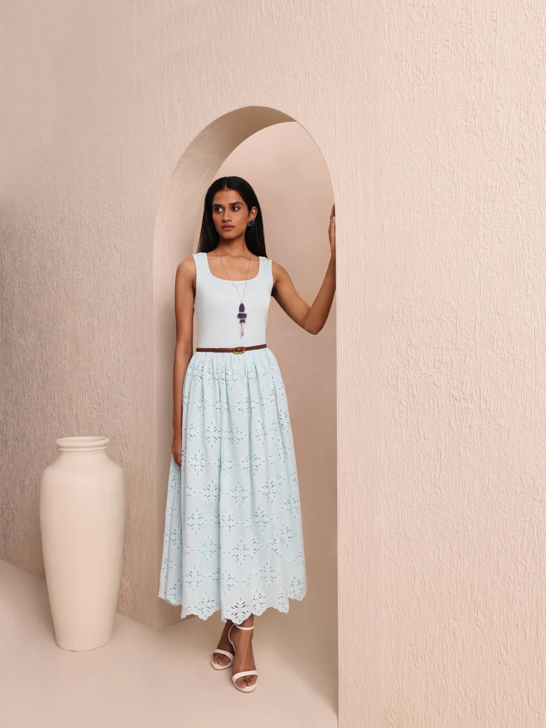 Women's Blue Casual Sleeveless Fit & Flared Self-Design Dress