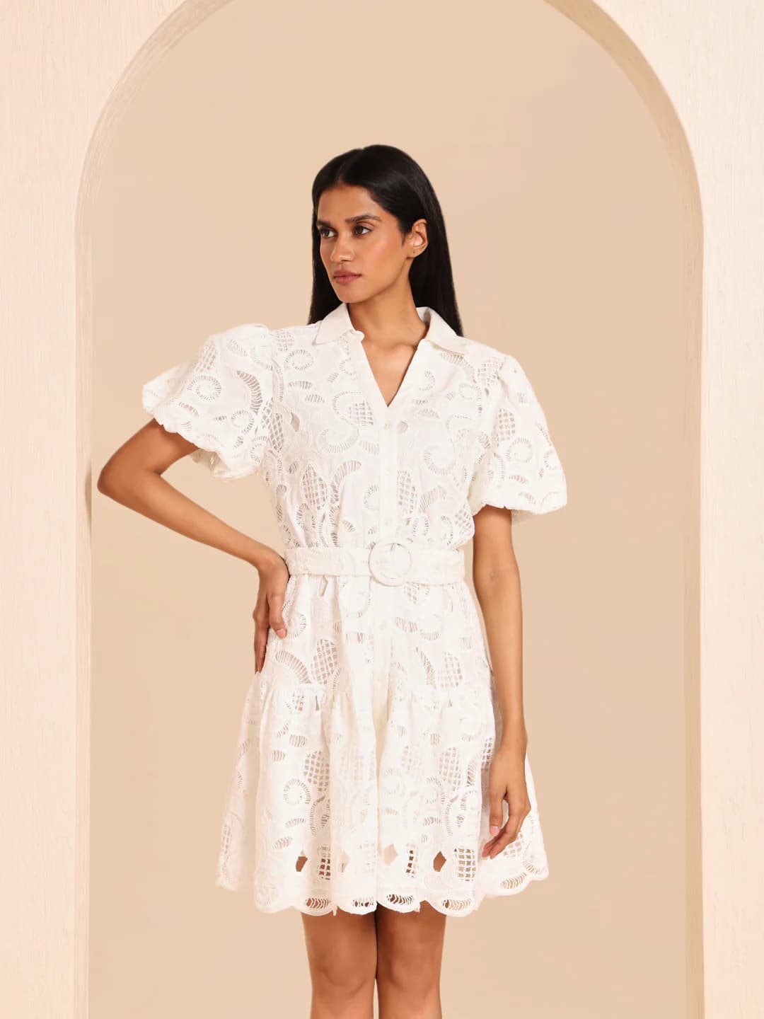 Women's White Casual Half Sleeves Regular Fit Self-Design Dress