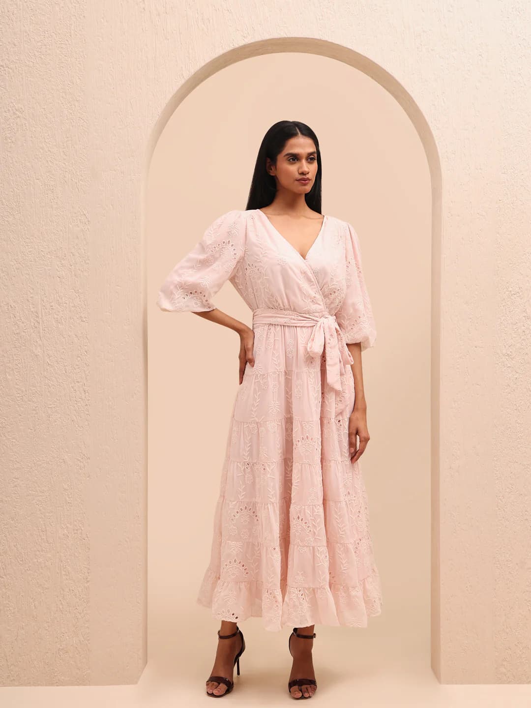Women's Pink Casual Three Quarter Sleeves Fit & Flared Self-Design Dress