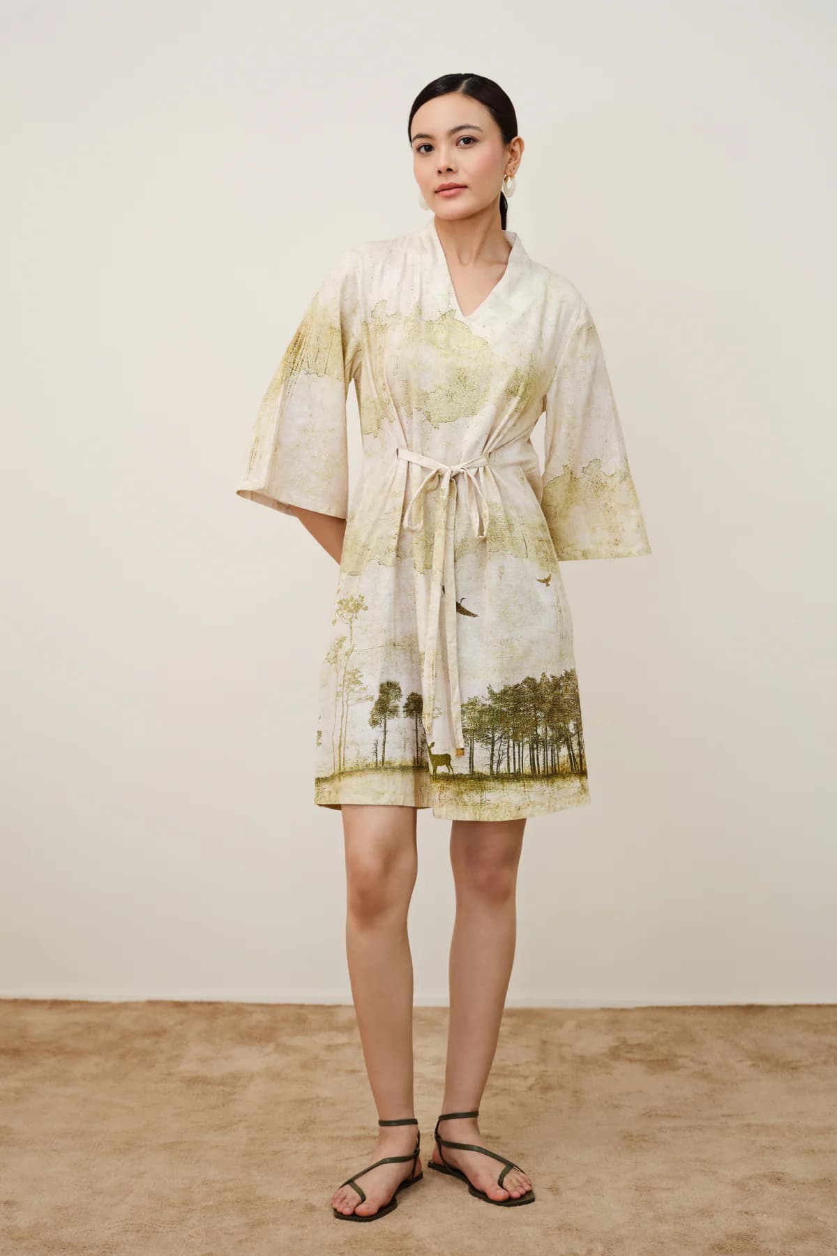 Women's Green Viscose Rayon Party Fit and Flare V-Neck Printed Dress