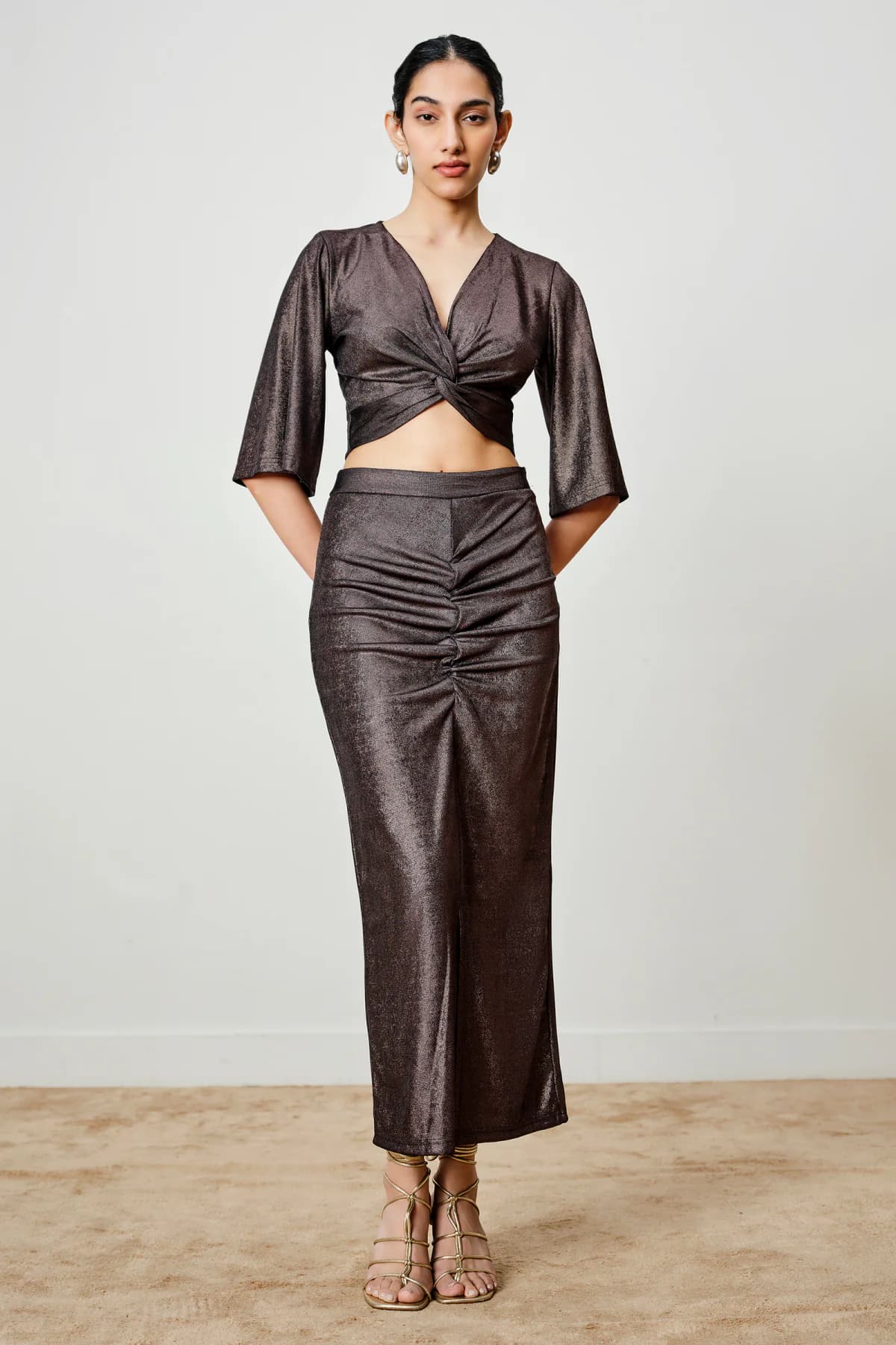 Women's Brown Party Solid V-Neck Top with Skirt