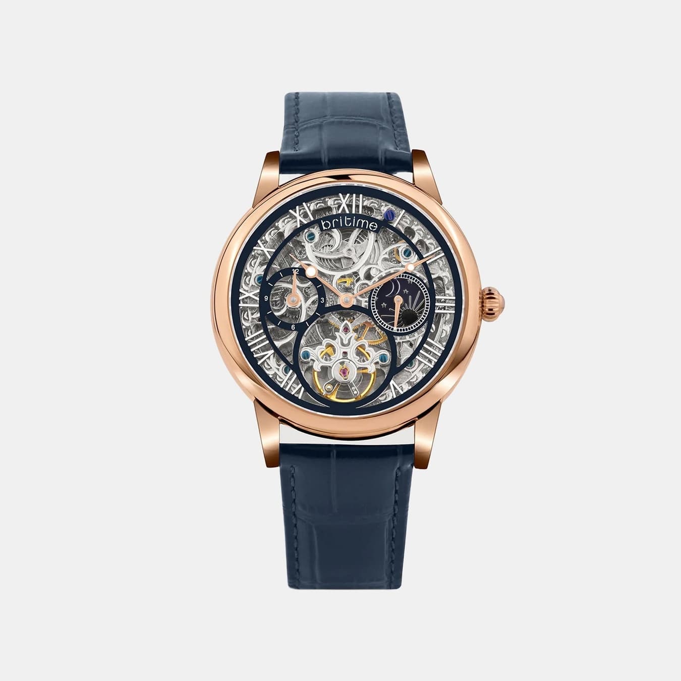 Stellor Open Heart Men's Automatic Blue Dial Multi-Function Leather Watch 786-L30507