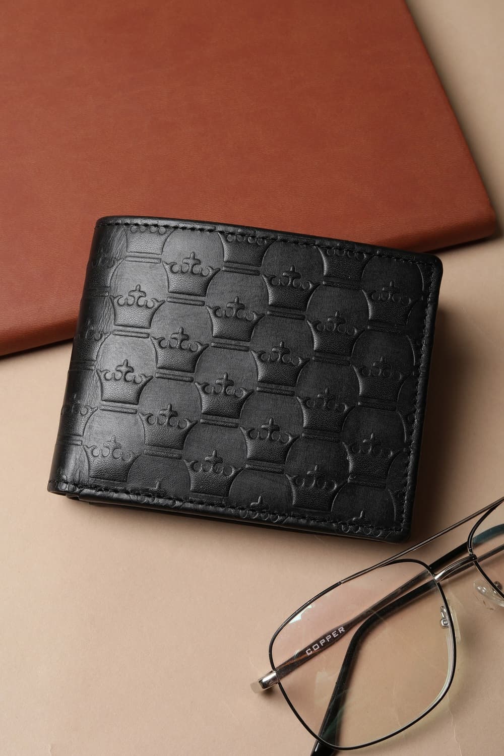 Men's Black Crown Textured Bifold Coin Wallet
