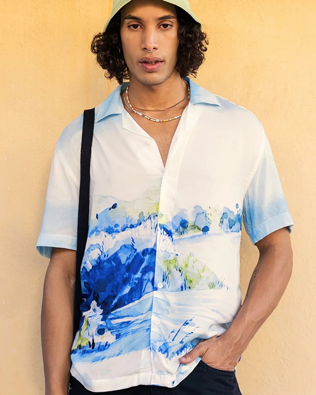 Men's White & Blue All Over Printed Oversized Shirt