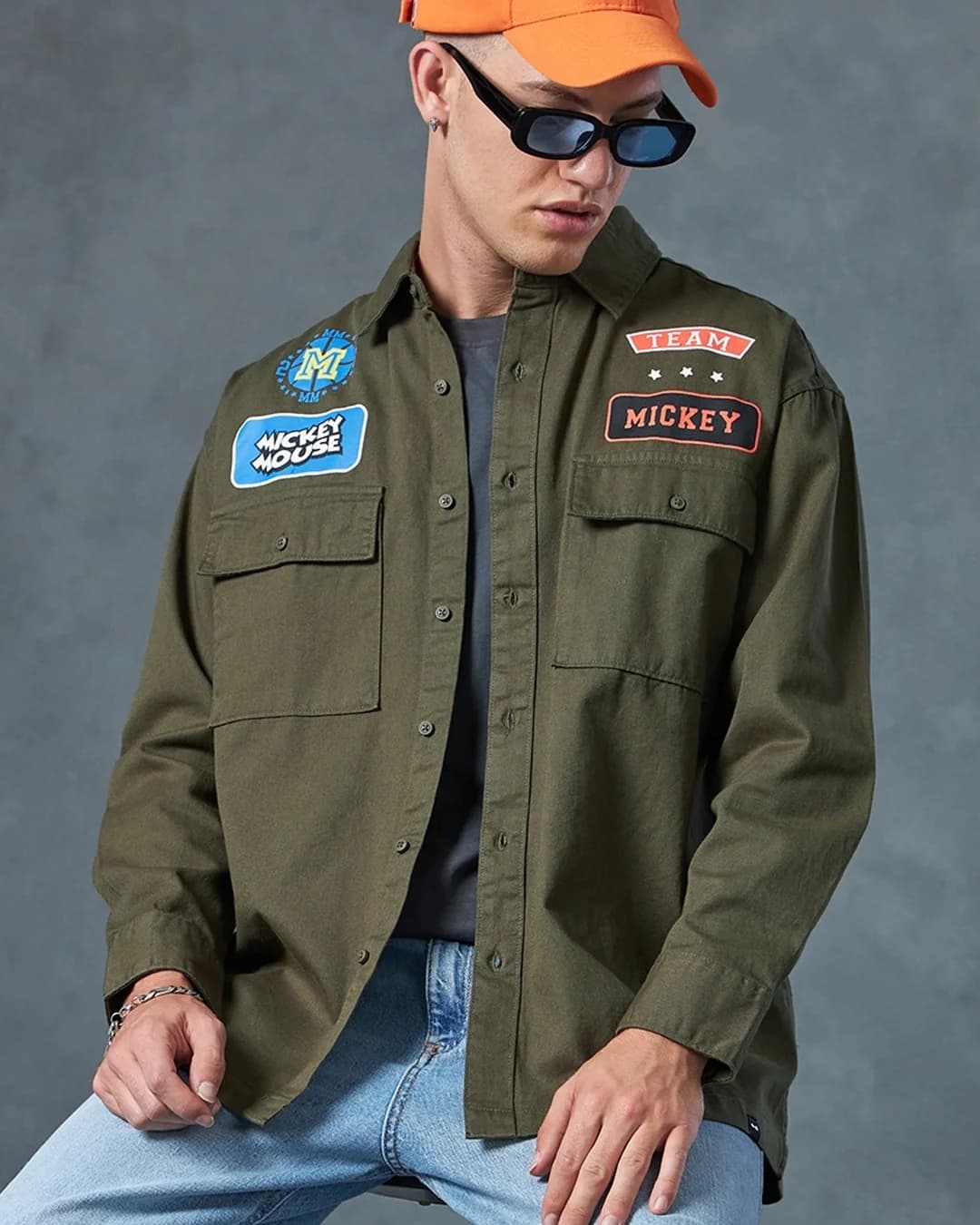 Men's Green Mickey Badge Graphic Printed Oversized Cotton Shirt