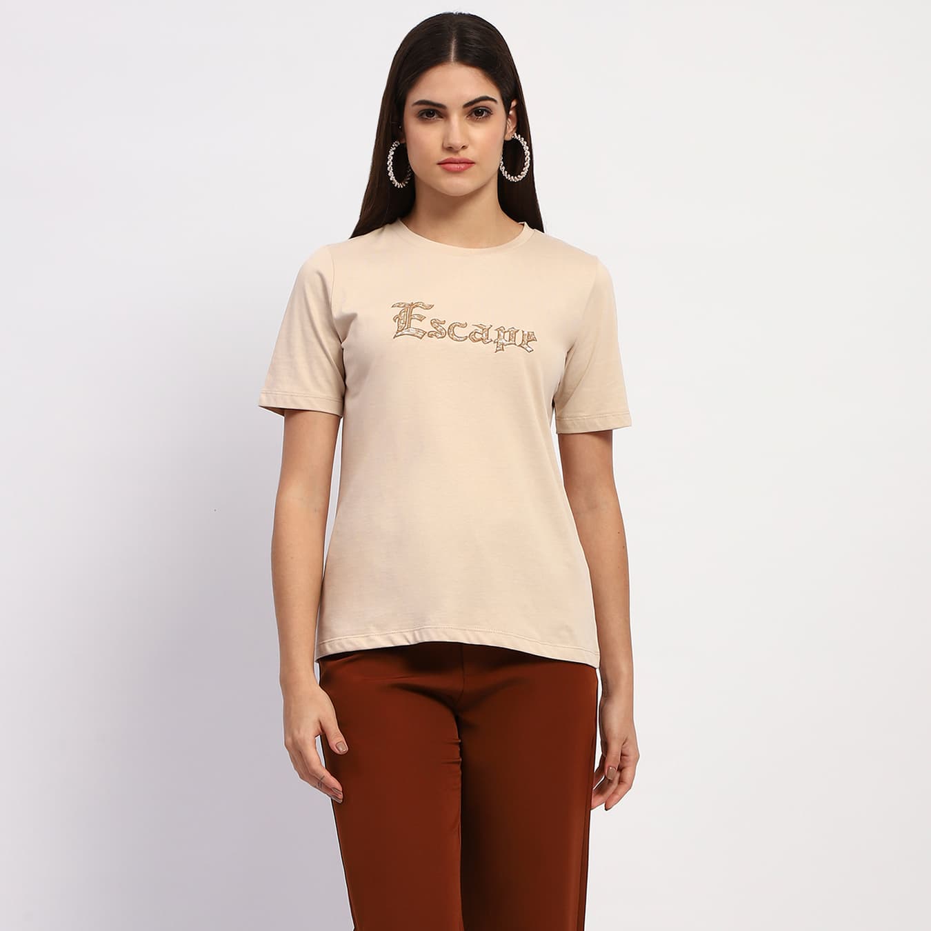 Women's Beige Casual Typography Print Round Neck Cotton Top