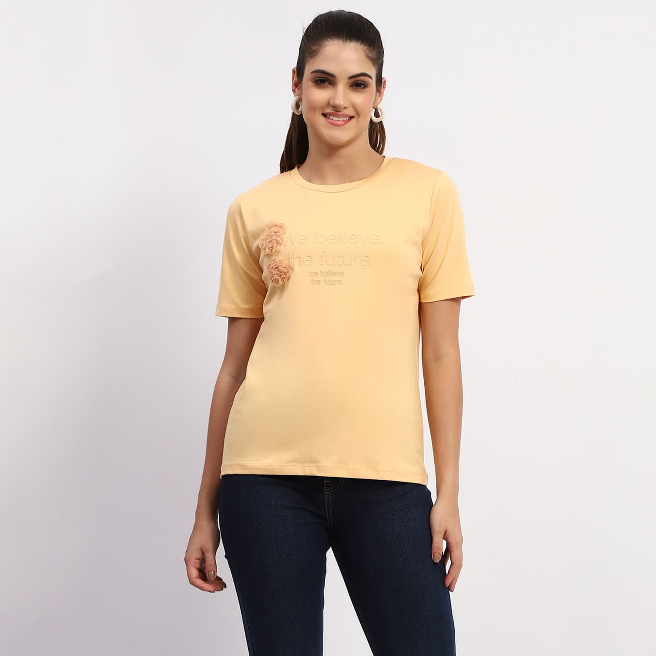 Women's Yellow Casual Embossed Typography Round Neck Cotton Top