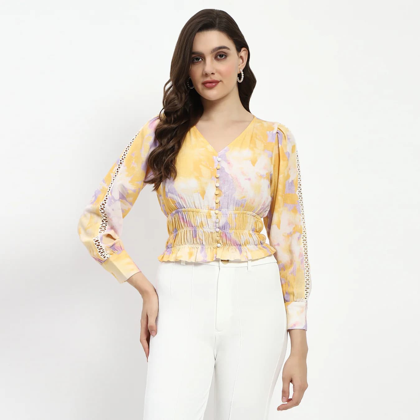 Women's Yellow Casual Abstract Print V-Neck Smocked Top