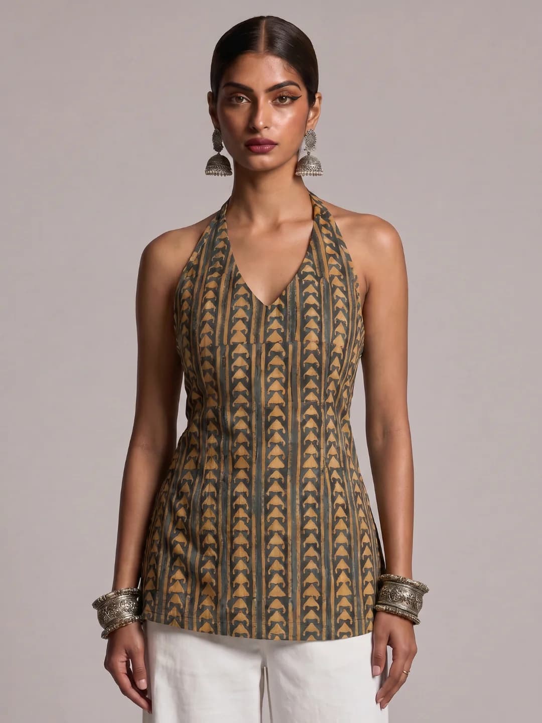 Women's Yellow Casual Geometric Slim Fit Halter Neck Kurti