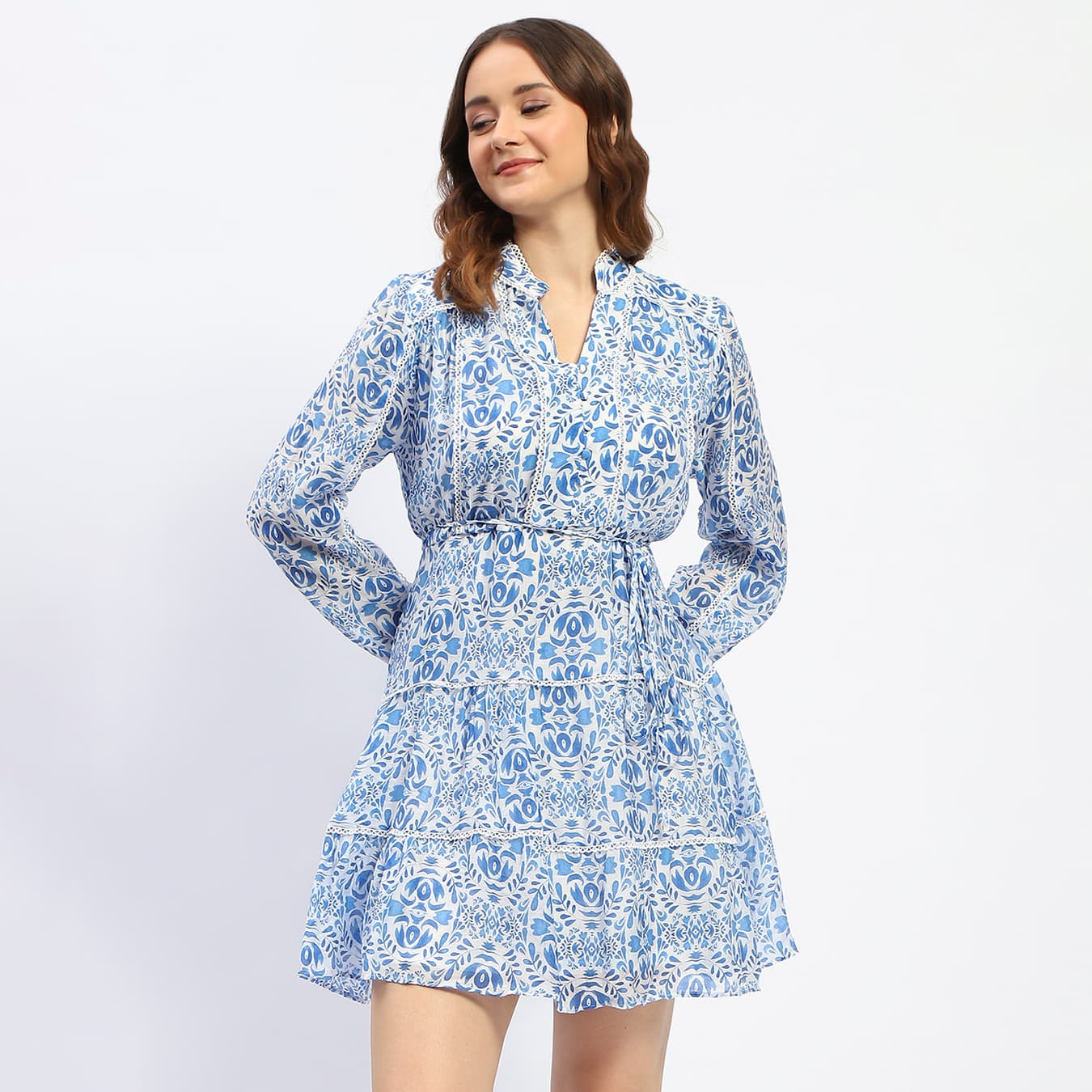 Women's Blue Casual Tiered Lace Detailed Mini Dress