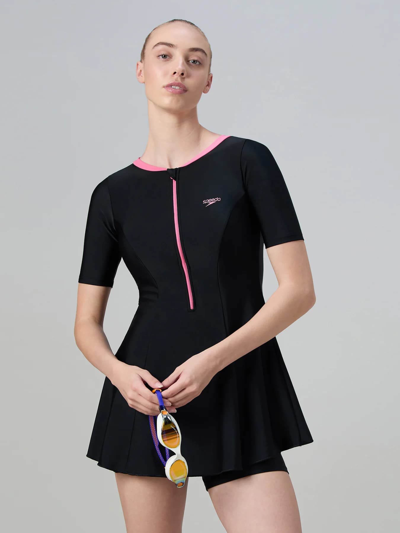 Women's Black Sport Solid Swimwear Dress