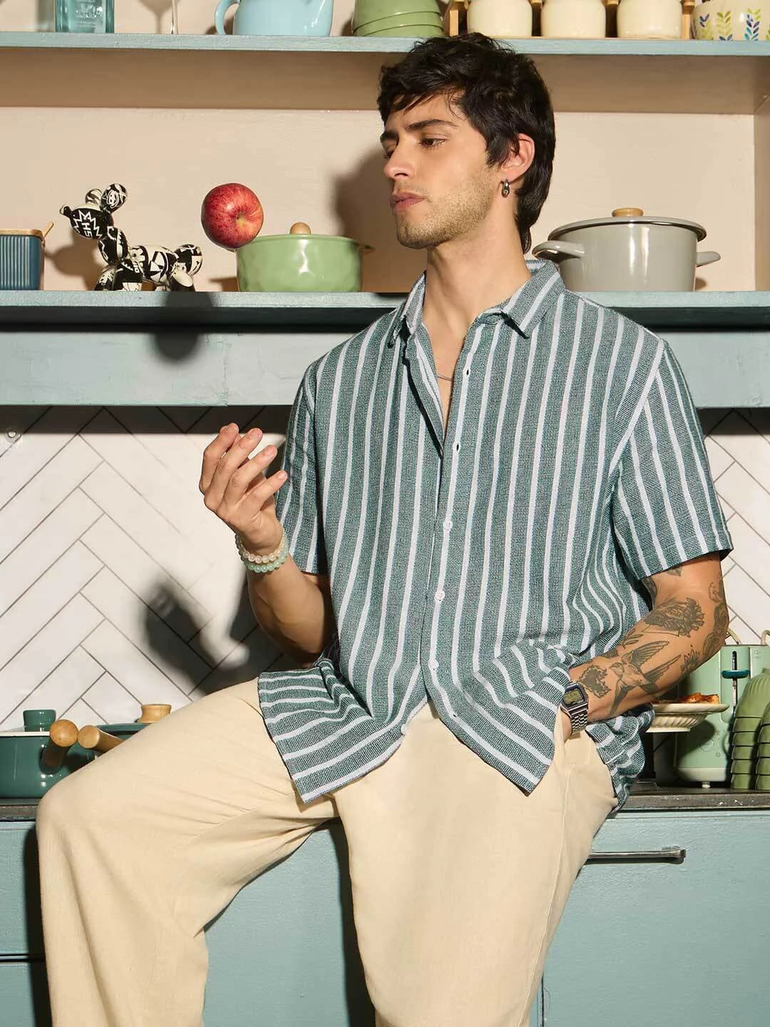 Men's Green Casual Half Sleeves Textured Cotton Shirt