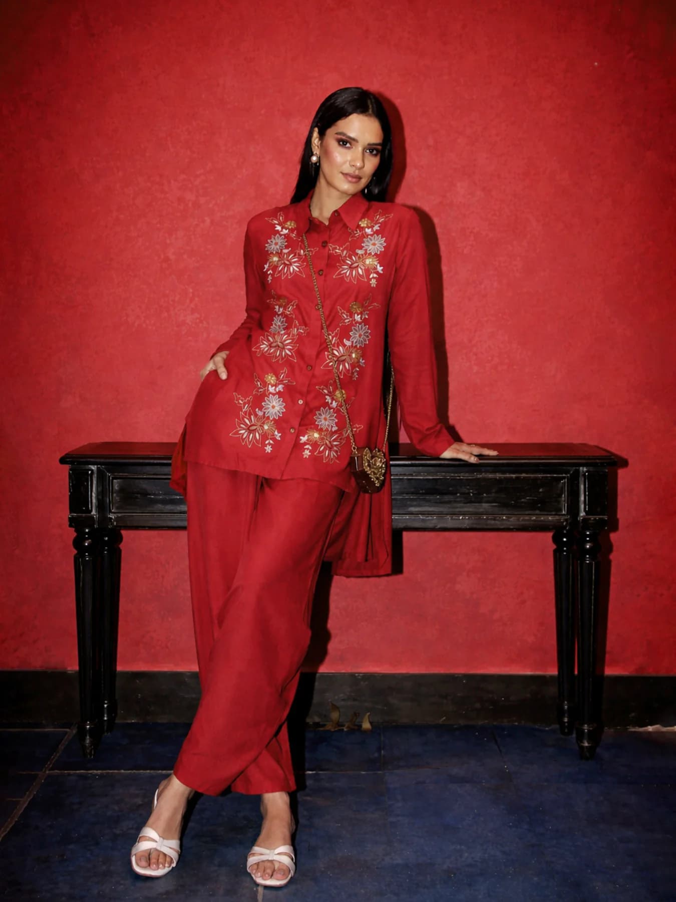 Women's Red Festive Full Sleeves Co-ords Set