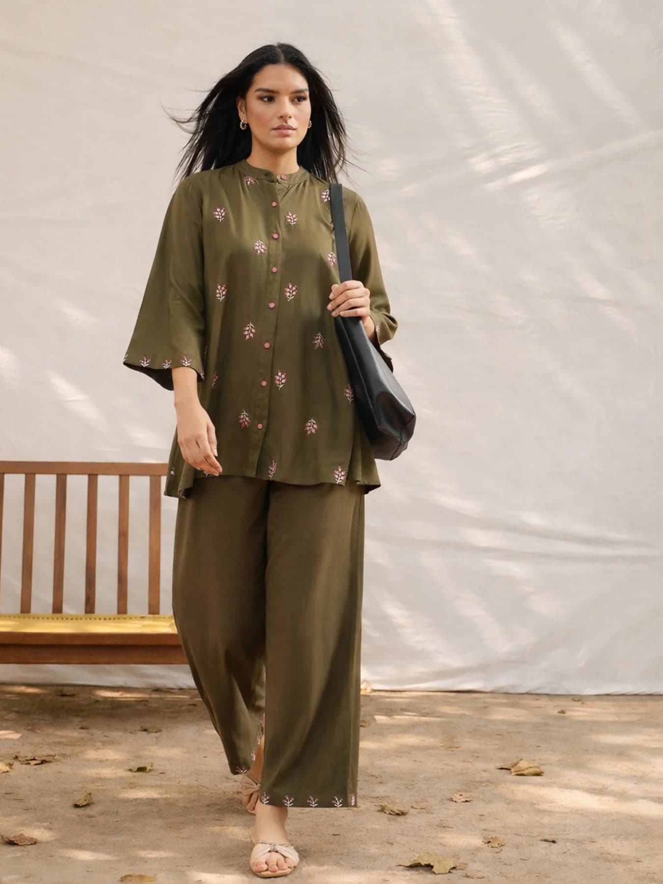 Women's Green Festive Three Quarter Sleeves Co-ords Set