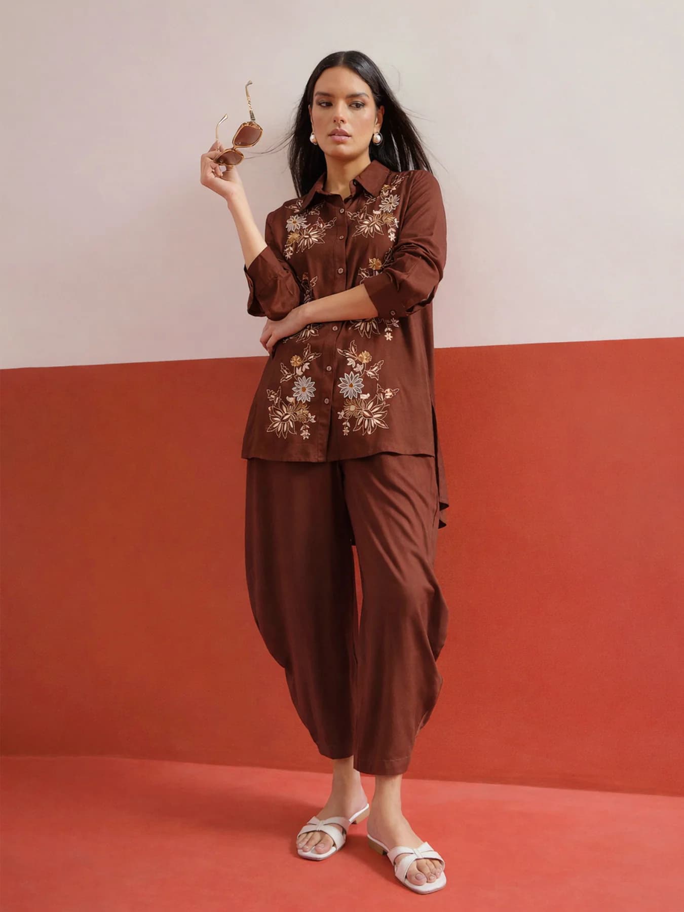 Women's Brown Festive Full Sleeves Co-ords Set