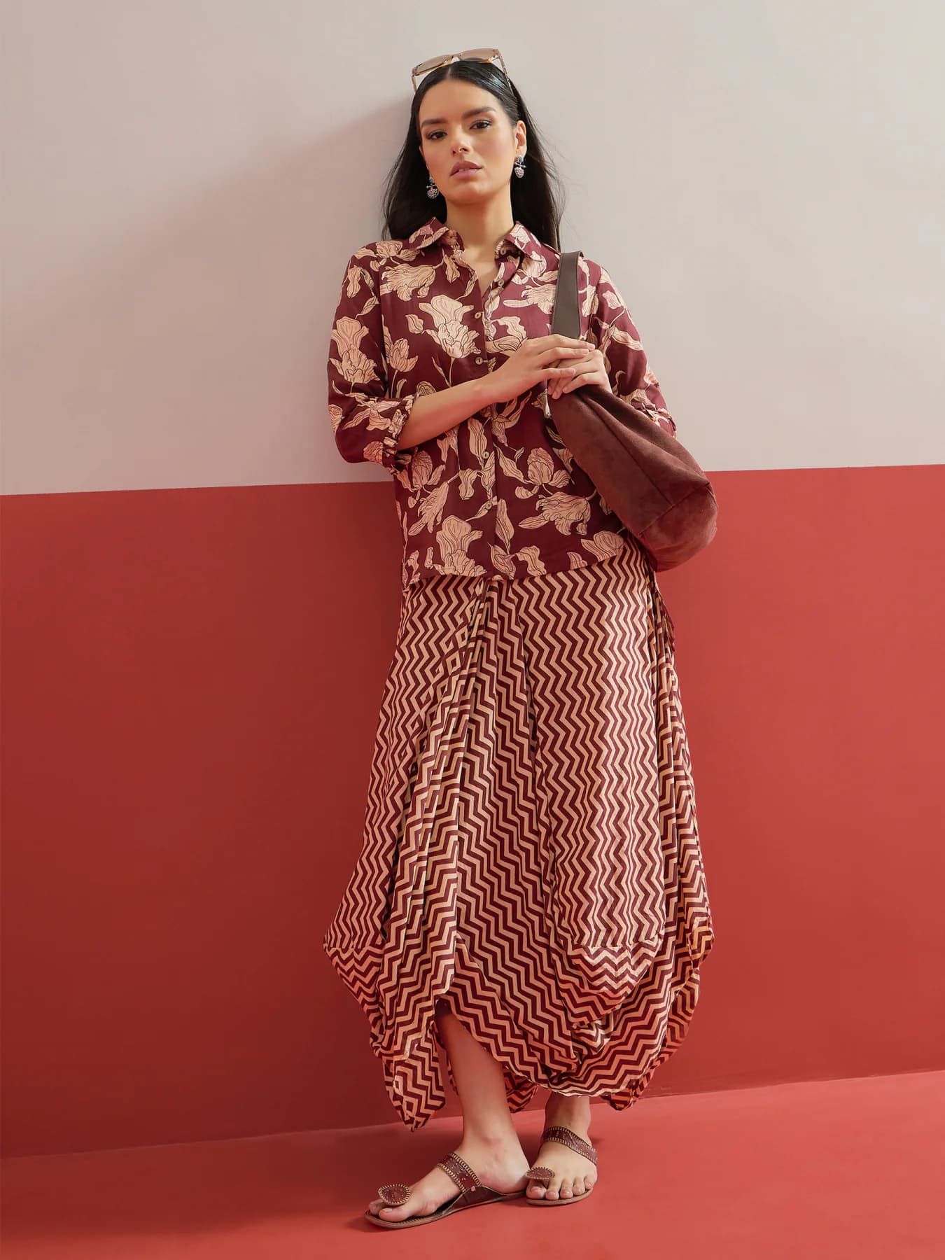 Women's Brown Festive Three Quarter Sleeves Co-ords Set