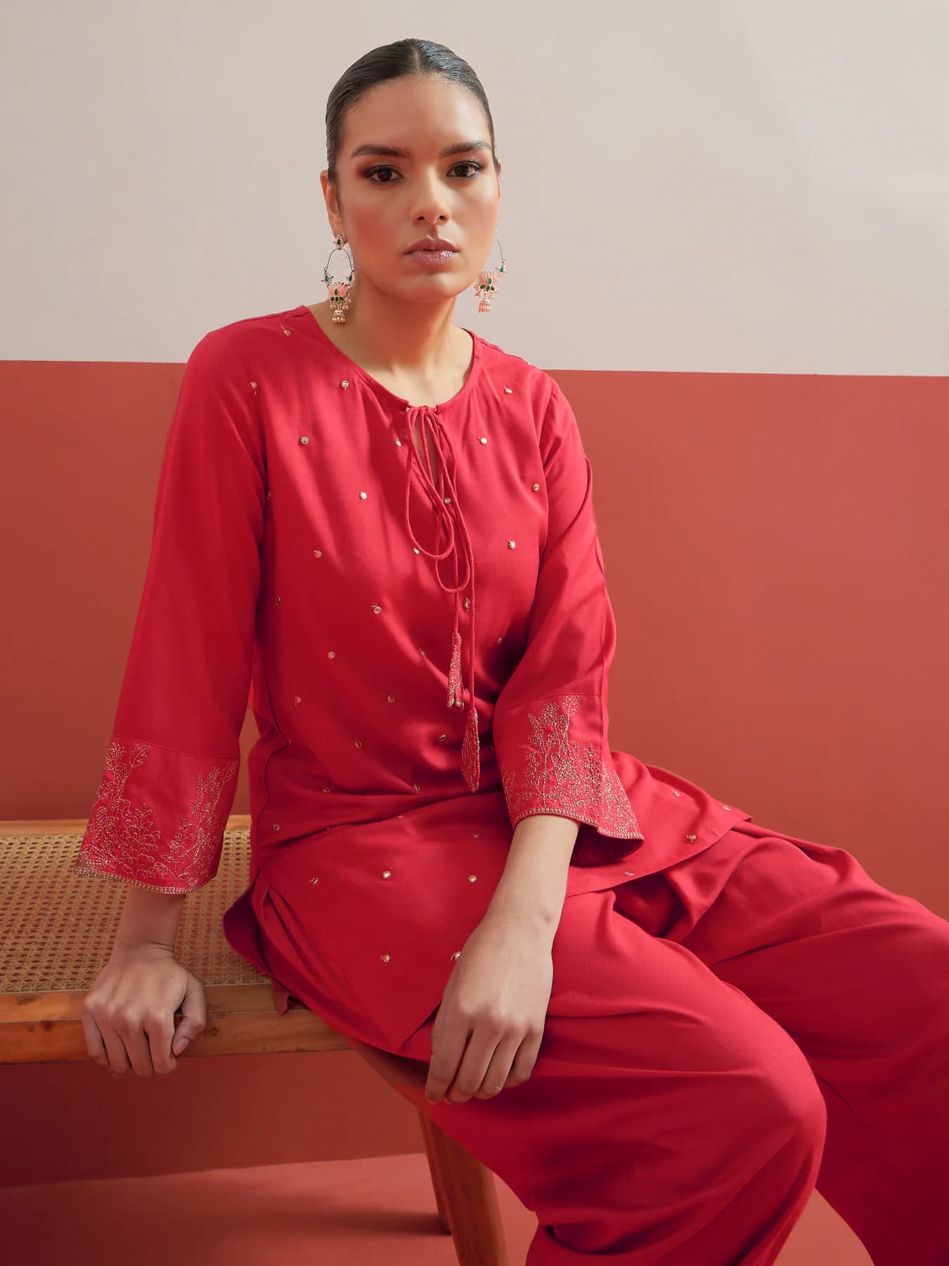 Women's Red Festive Three Quarter Sleeves Kurta Set
