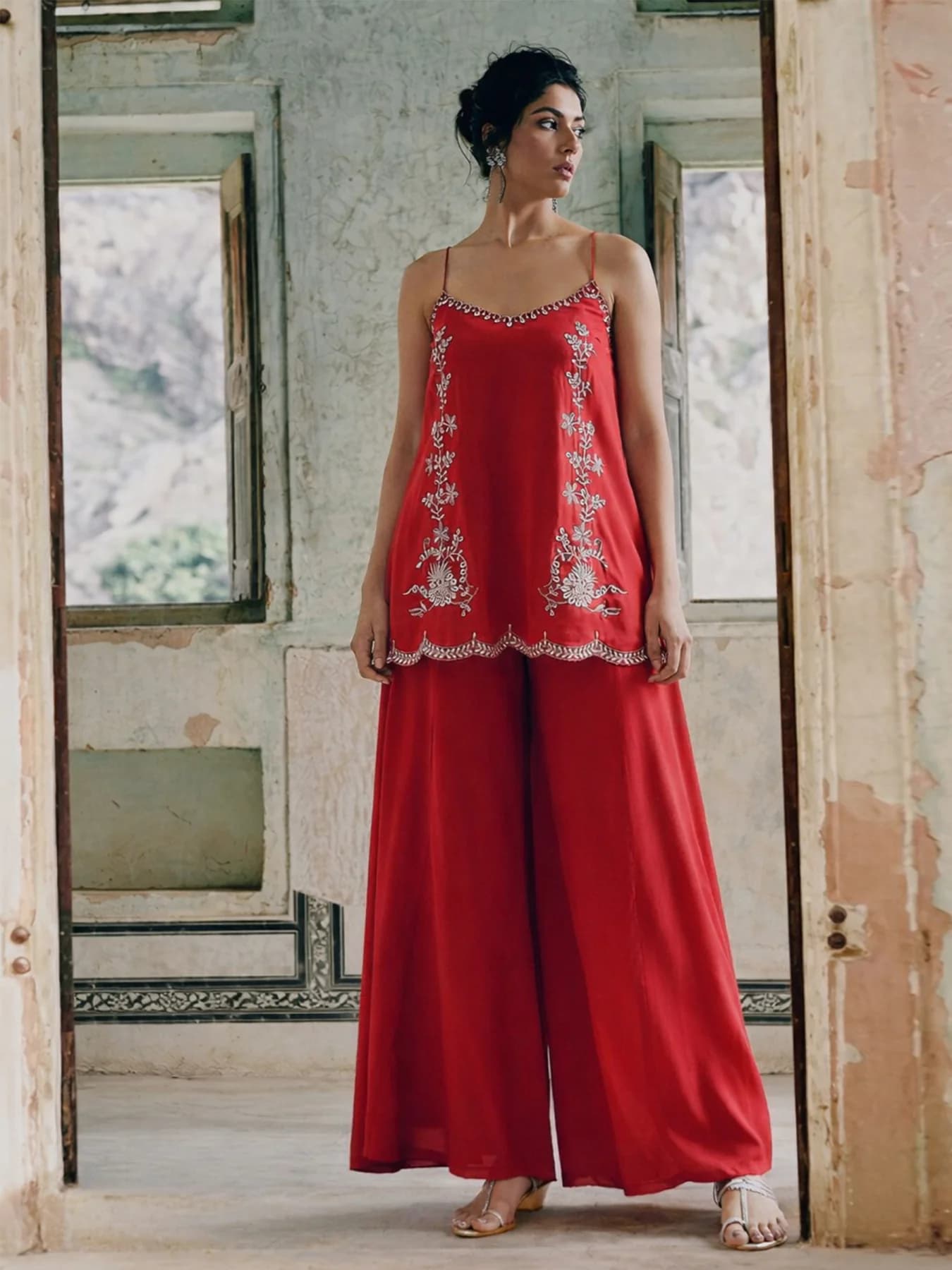 Women's Red Festive Sleeveless Co-ords Set