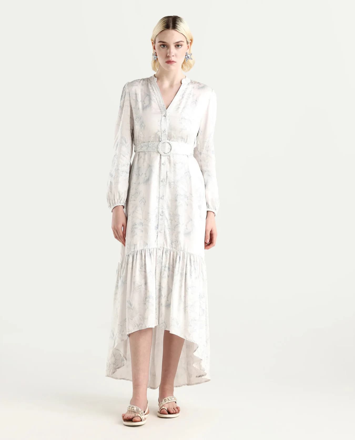 Women's White Casual Printed Maxi V-Neck Dress