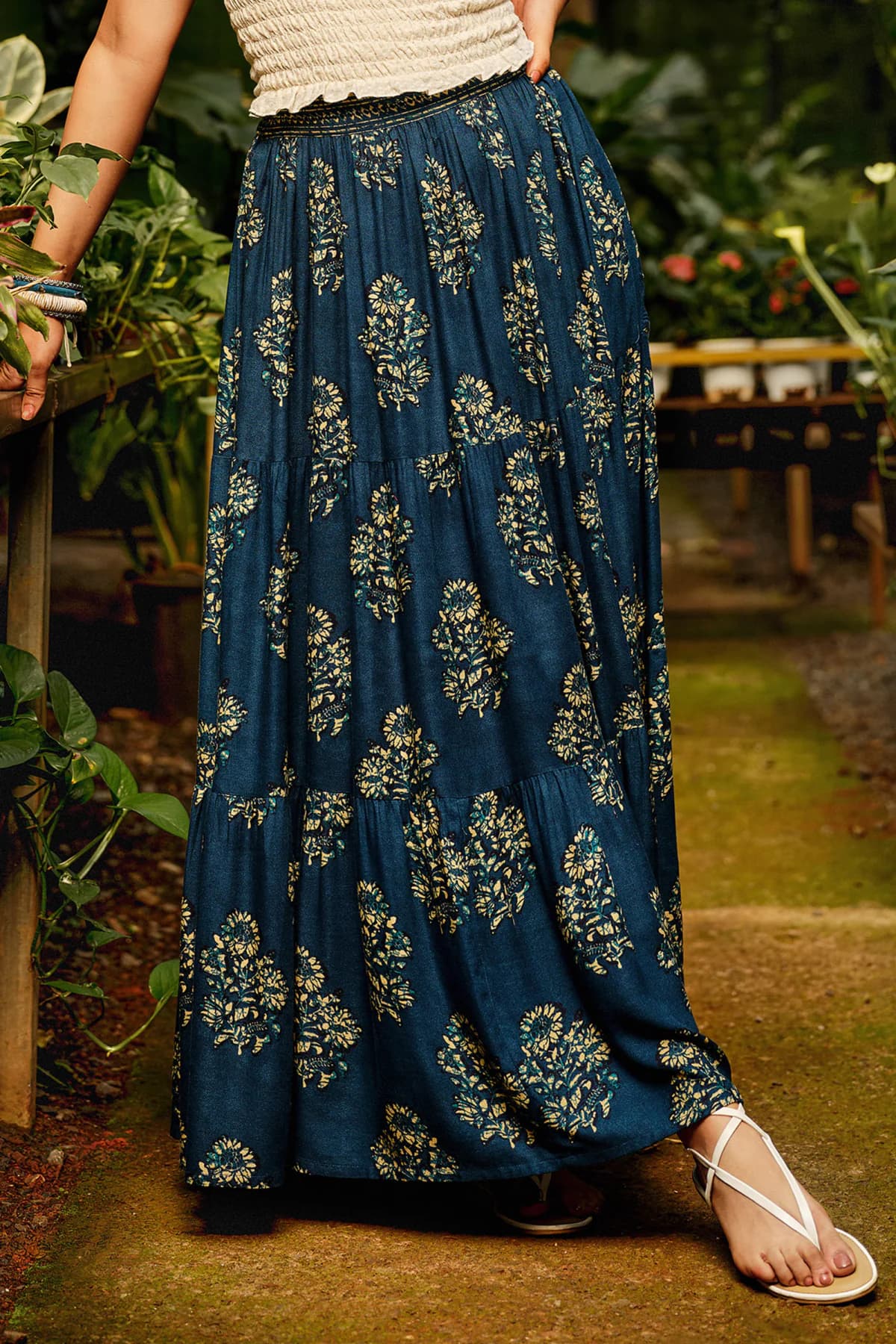 Women's Blue Casual Mid Rise Viscose Floral Skirts