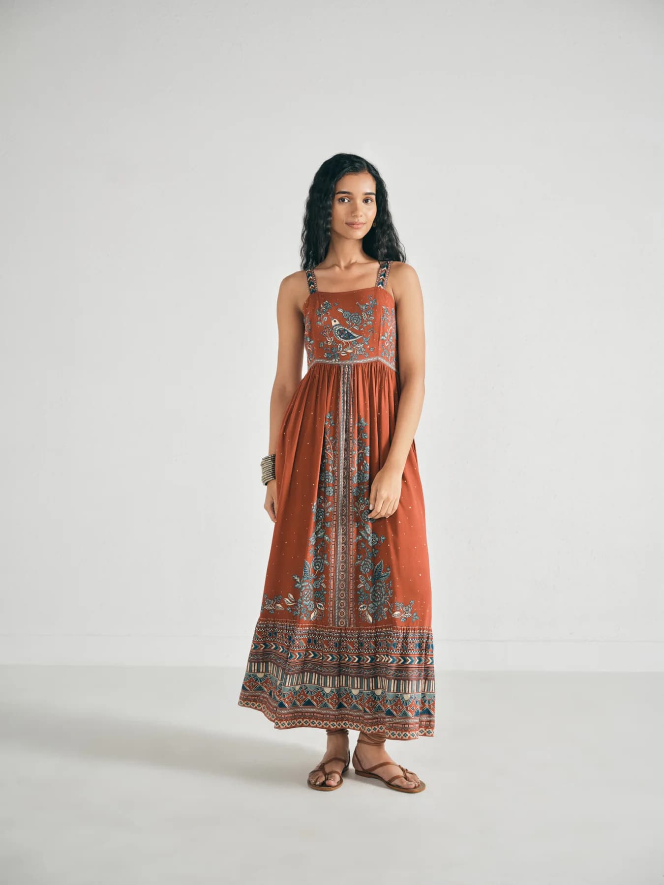 Women's Orange Casual Printed Sleeveless Maxi Dress