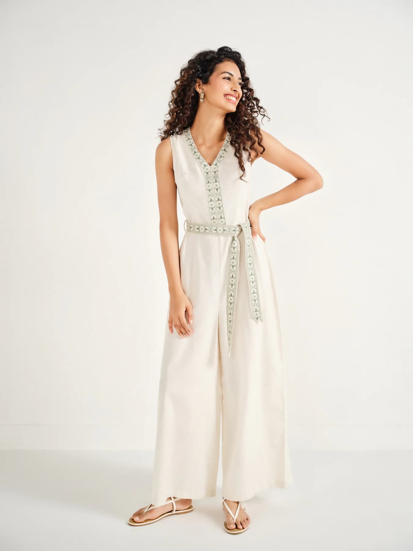 Women's Cream Casual Regular Fit Solid Sleeveless Jumpsuit