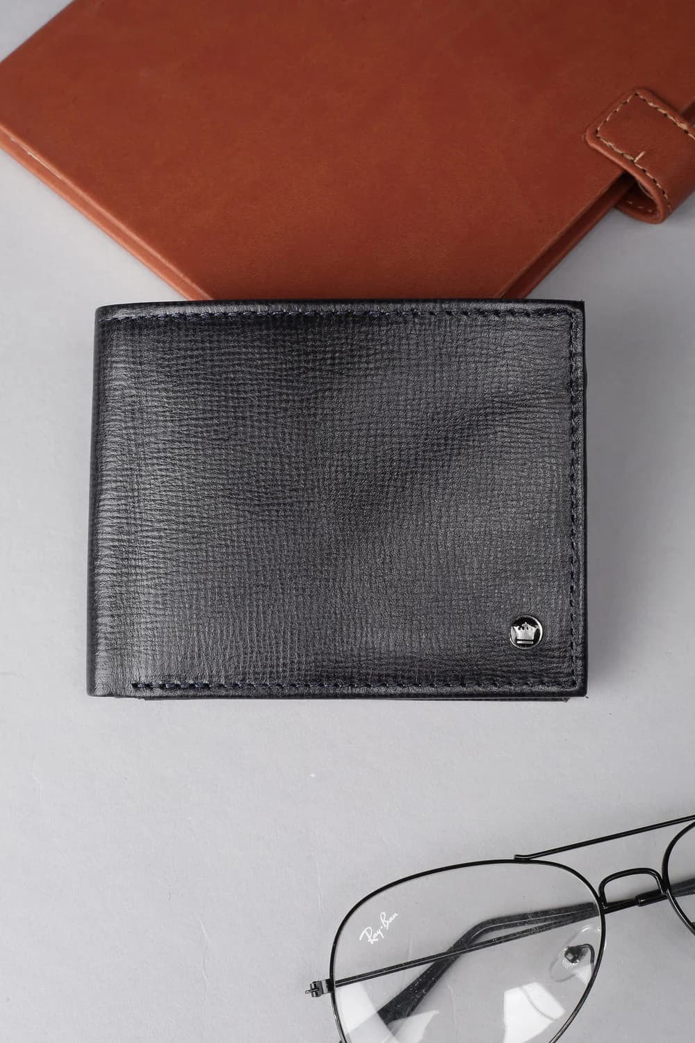 Men's Navy Textured Bifold with Coin Pocket Formal Leather Wallet