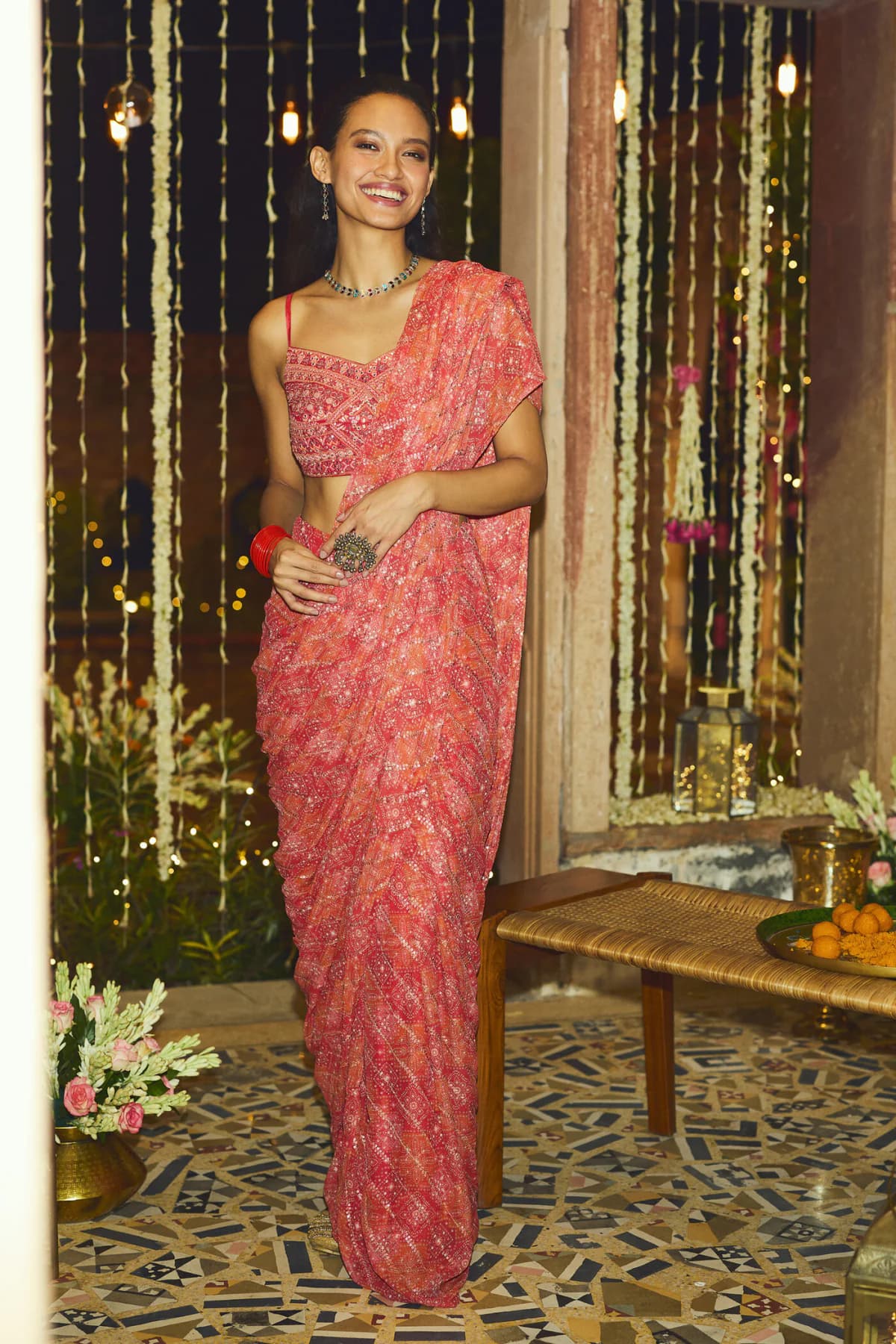 Women's Orange Festive Regular Fit Ready to Wear Saree