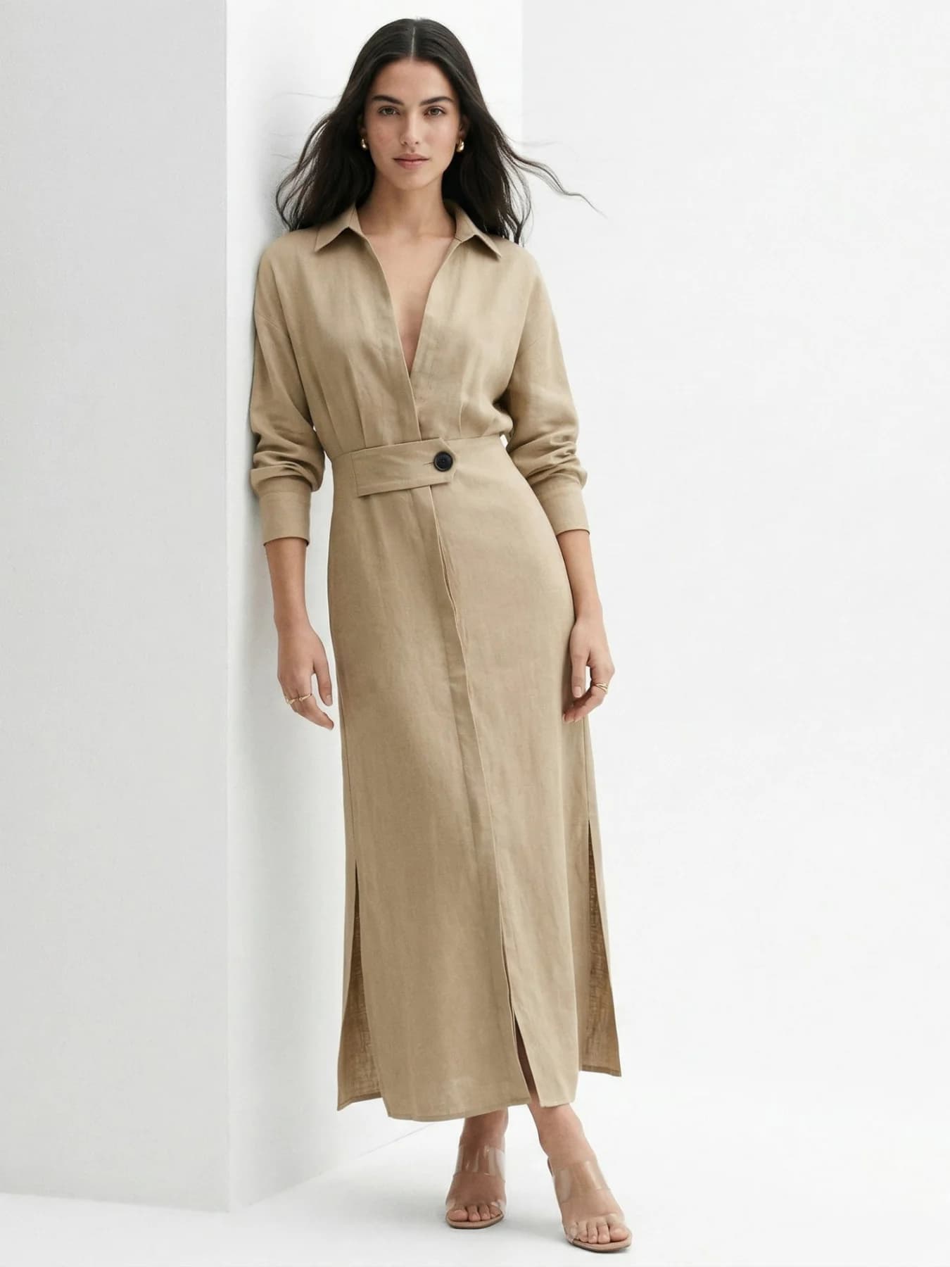 Women's Beige Shirt Dress with Side Slit